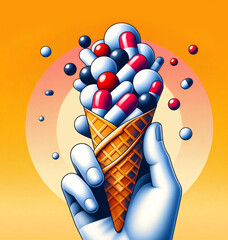 hand holding ice cream cone with pills - 790965197