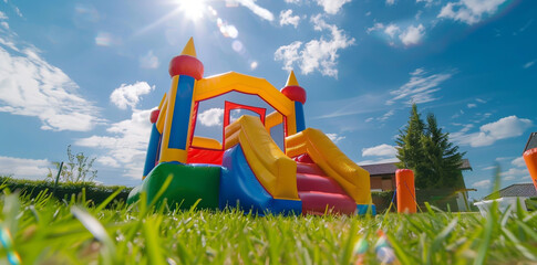 Inflatable bouncy castle on grass in a sunny day, outdoor playground with a colorful inflatable house and slide for kids - obrazy, fototapety, plakaty