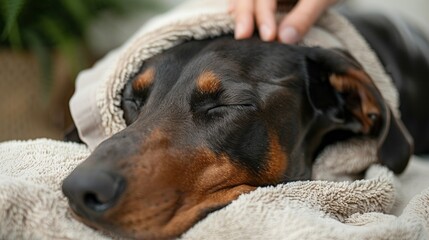 Woman hands on Cute doberman dog head. Dog lounging on the gray sofa bed under soft blanket in living room. Happy or Tired sleeping or having rest, have lazy time animal