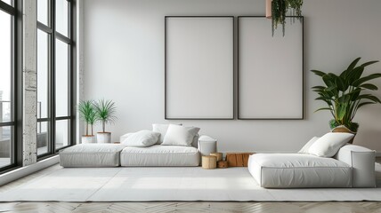 Modern room with two big empty picture frames created with Generative AI