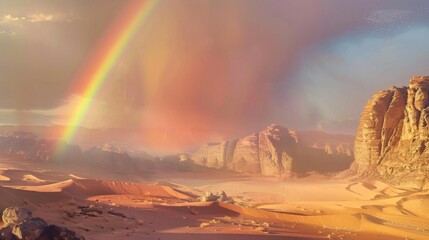 A rainbow appearing over a remote desert landscape, with sand dunes and rocky outcrops providing a stark contrast to its vibrant colors.