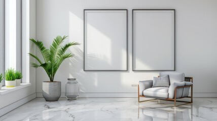 Modern room with two big empty picture frames created with Generative AI