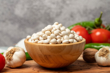 Raw dried beans in a bowl. Dried beans are nutritious food. Healthy and natural vegetarian food. Local name ispir fasülyesi. Close up