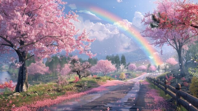A rainbow appearing over a tranquil country road lined with blossoming cherry trees, creating a scene of serene beauty and natural wonder.