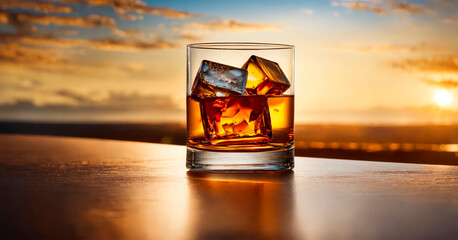 Single whiskey glass with ice on a table at sunset, perfect for themes of relaxation, luxury, and quiet enjoyment.