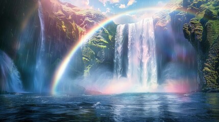 A rainbow arching over a majestic waterfall, with cascading waters creating a symphony of sound and mist rising into the air, adding to the magical atmosphere. - obrazy, fototapety, plakaty