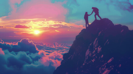 Obraz na płótnie Canvas Two people each other reach the top of mountain, sky background with beautiful sunset. concept for adventure and team work