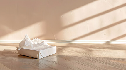 White crumpled paper box on wooden floor. 