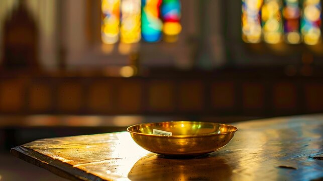 Sunlight Gleaming on a Collection Plate in Church. Generative ai
