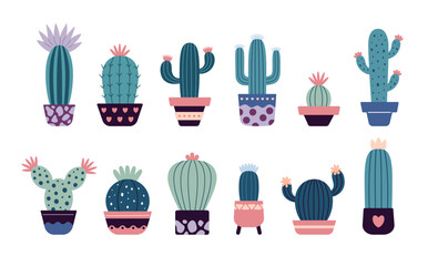 Set of blooming cacti, succulents in pots. Cute cartoon cactus. Doodle style, flat design. Scandinavian, boho style. Vector illustration. Exotic and Tropical Plant, home decor