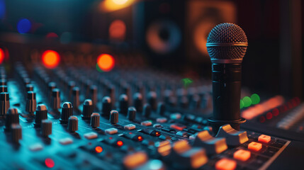 Photo of A microphone in front of an audio console with blurred lights and sound studio background, Generative AI - obrazy, fototapety, plakaty