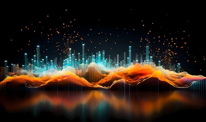 Abstract digital landscape with glowing graphs and charts on a dark background