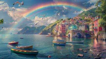 A rainbow forming a perfect semicircle over a picturesque coastal village, with colorful boats bobbing in the harbor and seagulls circling overhead. - obrazy, fototapety, plakaty