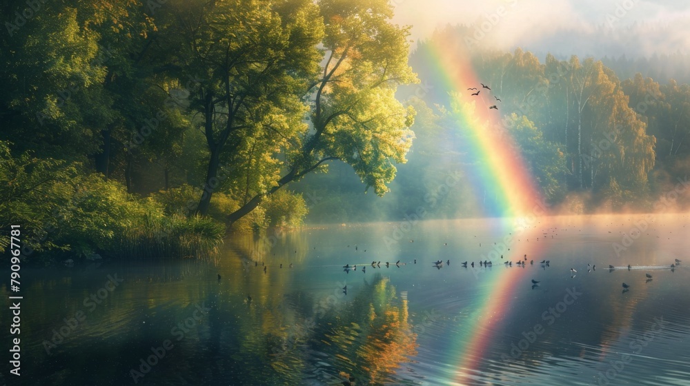 Poster a rainbow reflected in the calm waters of a tranquil river, with lush green trees lining its banks a