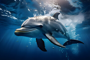 Dolphin playing in the waves of the raging ocean in blue transparent water. World Dolphin Day