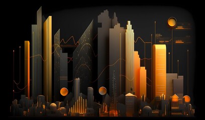 Digital illustration featuring a 3d chart graph integrated within a stylized cityscape against a dark background