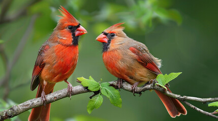 two northern cardinal on a branch with green blurred background