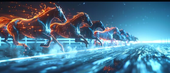 Fiery horses racing across a digital landscape, a metaphor for competitive dynamics and fast-paced movement in the financial markets. - obrazy, fototapety, plakaty