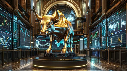 A golden bull statue dominates the scene in a luxurious trading room with live market data displays.