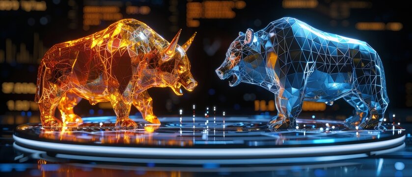 A golden bull and silver bear sculpture is set against a backdrop of financial market data, reflecting a strong economy and bullish trends.