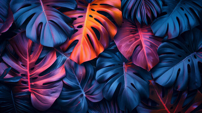 Layout creativo di colore fluorescente fatto di foglie tropicali. foglie  con contrasto e colori al neon. Concetto di natura, carta da parati moderna, pattern di foglie tropicali, giungla
