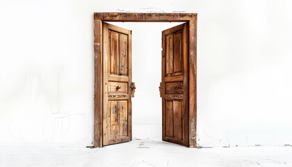 Open wooden door on white background - obrazy, fototapety, plakaty