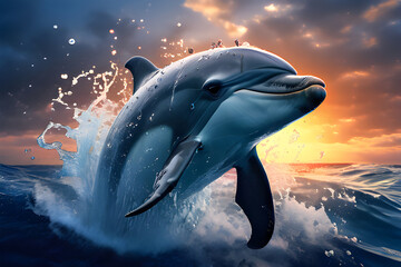 Dolphin playing in the waves of the raging ocean at sunset. World Dolphin Day - obrazy, fototapety, plakaty