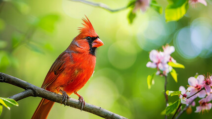 Northern cardinal or angry bird, red color bird standing on the branch blurred background