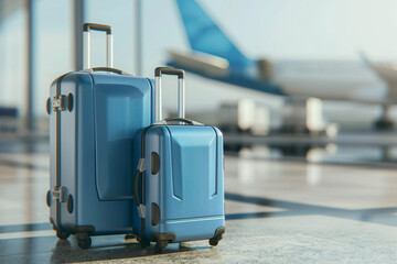 Light blue suitcases on the street with a blurred airplane in the background for travel, realistic photo, concept for trip, travel, vacation.