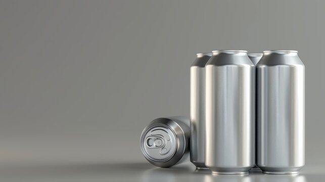 Several aluminum cans reflecting light with a pristine shiny finish, arranged on a matte grey background, emphasizing recycling and environmental care