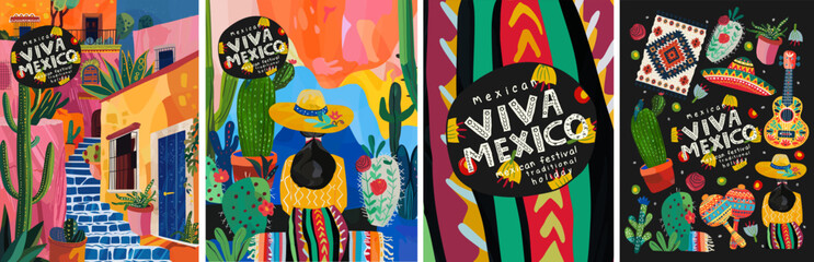 Viva Mexico. Vector cute abstract illustration of Mexican street in Mexico City, Woman in sombrero, cactus, traditional pattern or ornament for Cinco de Mayo greeting card, poster or background - 790968527