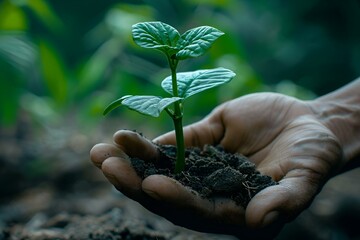 AI generated illustration of a person's hand holding a young plant sprouting from the soil