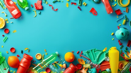 Detailed view of colorful, assorted recyclable plastics, featuring reds, yellows, and greens against a striking turquoise background, ideal for themes of environmental responsibility - obrazy, fototapety, plakaty