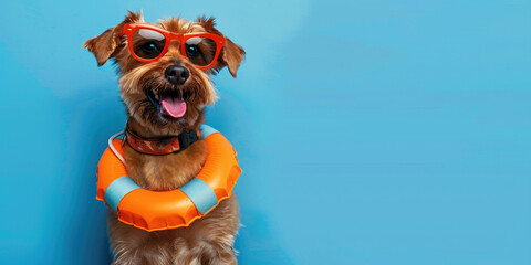 Summer holidays poster banner concept with copy paste place for text. Excited jack russel dog in dark sunglasses and inflatable circle smile do not look into screen on studio blue background