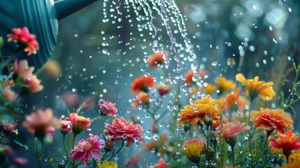 Fototapeta na wymiar A refreshing shower of water droplets falling from a watering can onto a row of vibrant flowers, nourishing them with life-giving hydration.