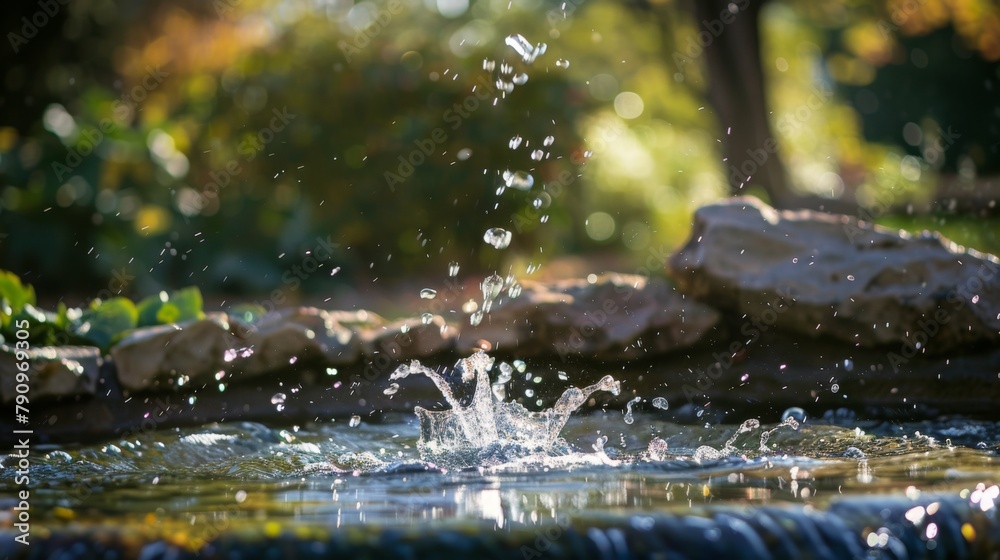 Poster A refreshing splash of water droplets cascading from a fountain, frozen in time to capture the dynamic motion and energy of falling water.