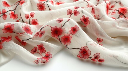 Texture, background, pattern. Silk fabric is white with red flowers