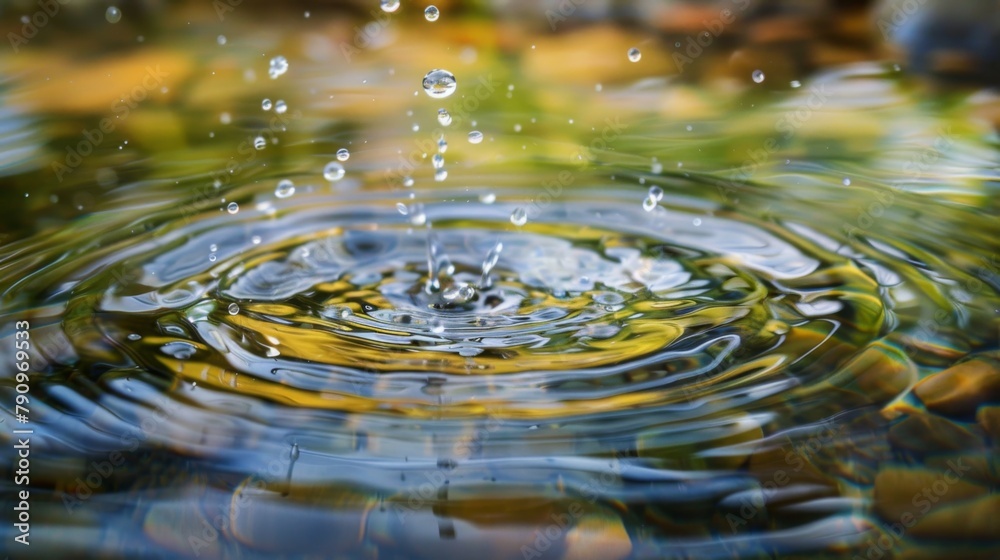 Poster A refreshing splash of water droplets falling into a crystal-clear pool, creating mesmerizing ripples that radiate outward with each impact. -