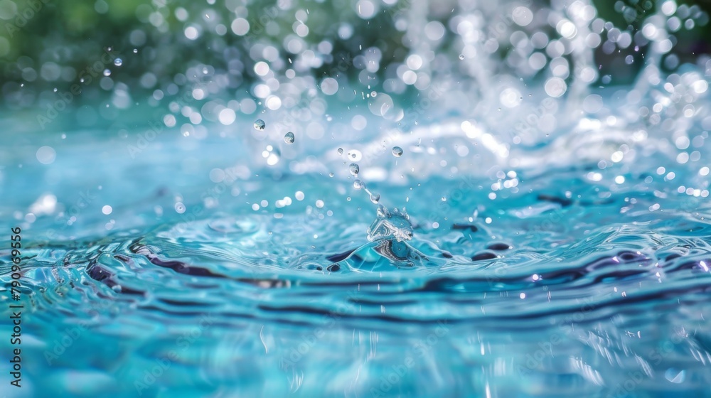Poster A refreshing splash of water droplets falling into a crystal-clear pool, creating mesmerizing ripples that radiate outward with each impact. -