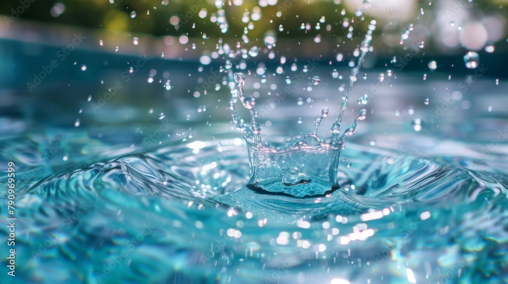 Poster A refreshing splash of water droplets falling into a crystal-clear pool, creating mesmerizing ripples that radiate outward with each impact. -