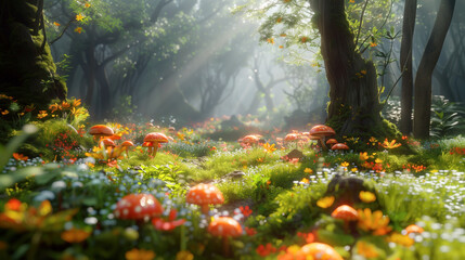 Enchanted forest glade with sunlight and mushrooms. Moss-covered trees and a vibrant undergrowth in a mystical woodland scene