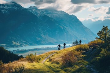 friends on electric bicycles enjoying a scenic ride through beautiful mountains, Mountain biking couple relax at edge of mountain, AI generated