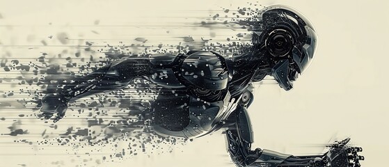 The robot is running. Fast running robot. Black and white image. Artificial intelligence concept.