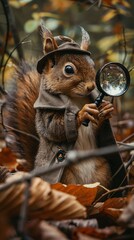 Obraz premium Playful squirrel in a detective outfit solving mysteries in an enchanted forest with a magnifying glass