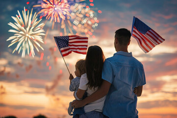 back view of happy family holding amercian flags and looking on fireworks in sunset sky