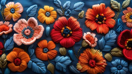 Colorful flowers embroidery on blue background. Handmade.