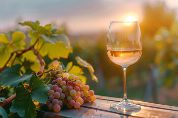 glass of white wine and bunch of grape over sunset background