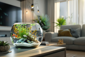 Aquarium on table in modern living room