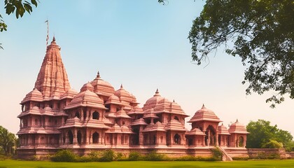 AI generated illustration of Ram Mandir with numerous windows stands on lush green grass