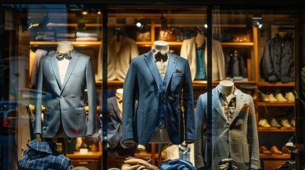 Three men's suits are displayed in a window, with one of them wearing a tie